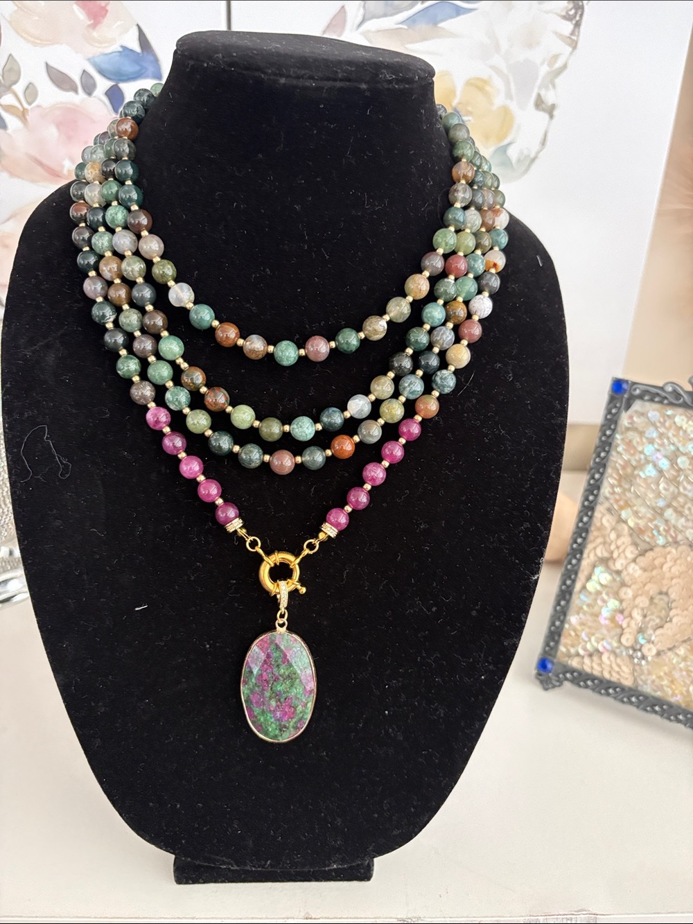 RubyFuchiste Necklace with  removable pendant . Semi- precious stones & cz